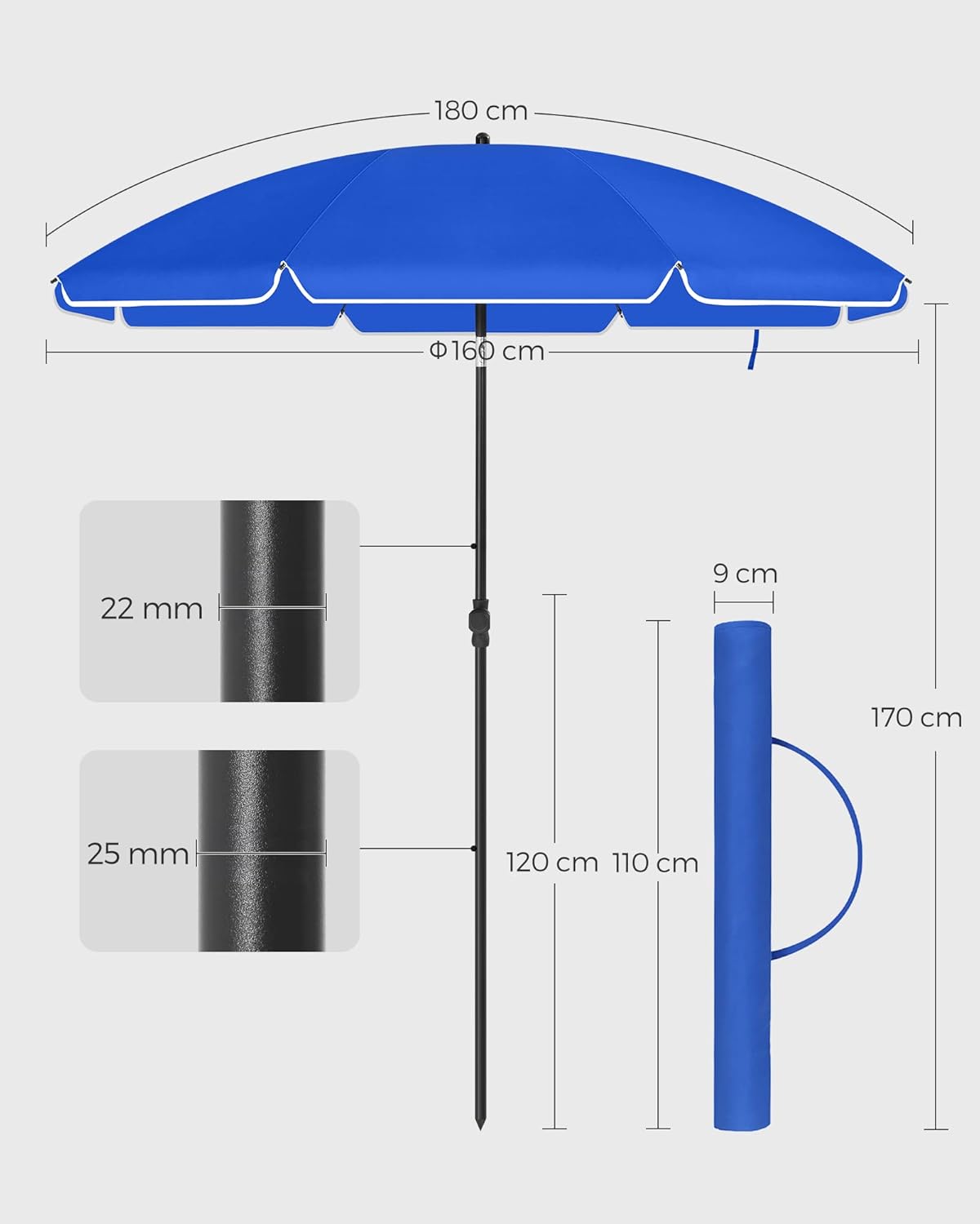Beach/Garden Parasol 160 cm, Blue