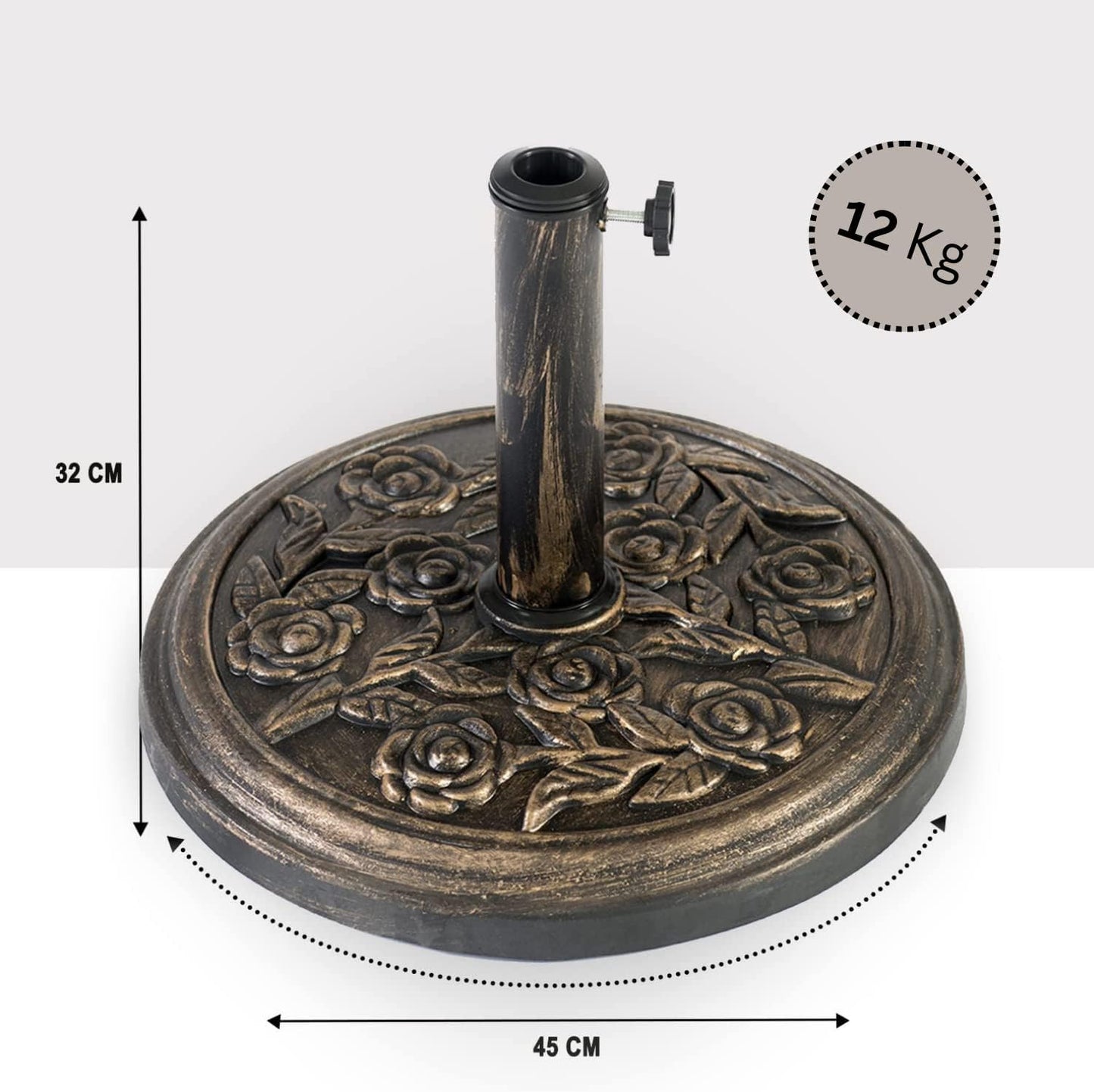 12KG Cast Iron Effect Garden Parasol Base - With Floral Rose Design