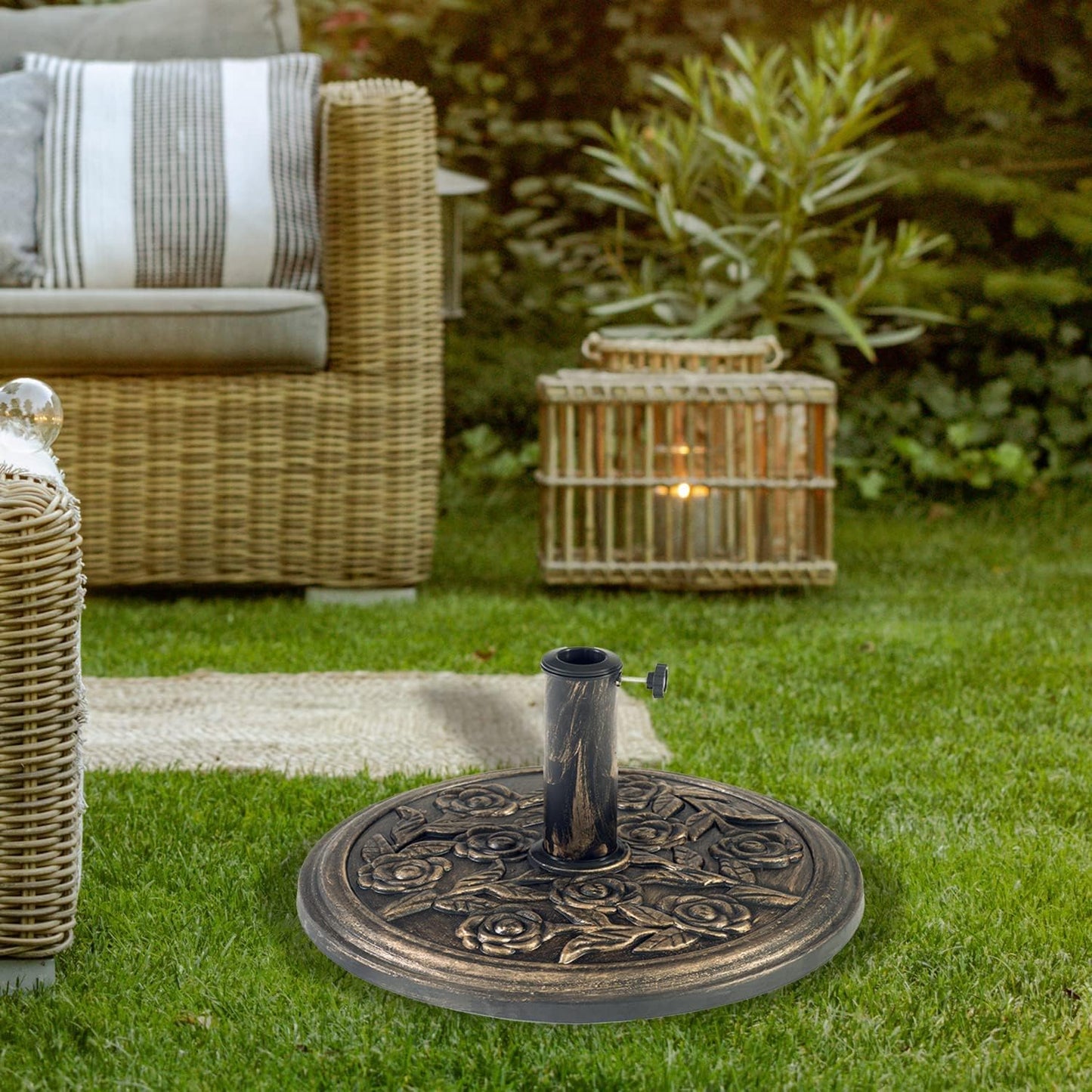 12KG Cast Iron Effect Garden Parasol Base - With Floral Rose Design